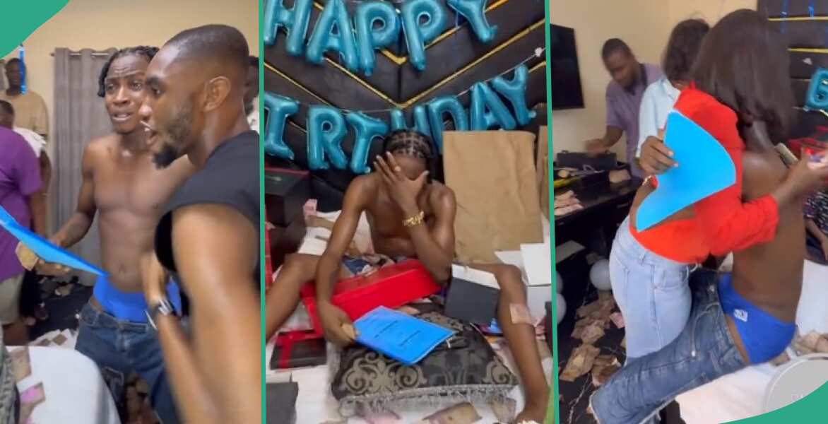 Nigerian man cries in touching video after girlfriend surprised him with landed property, dollars, others on his birthday