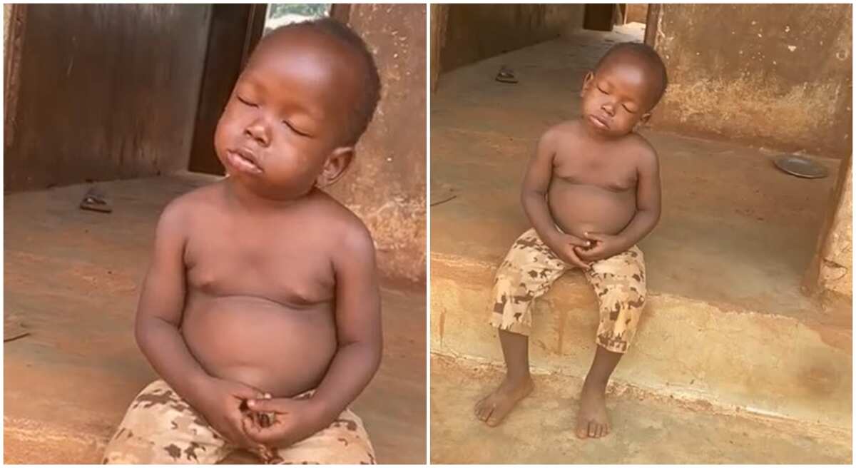 See how this little boy is sleeping all alone outside the house