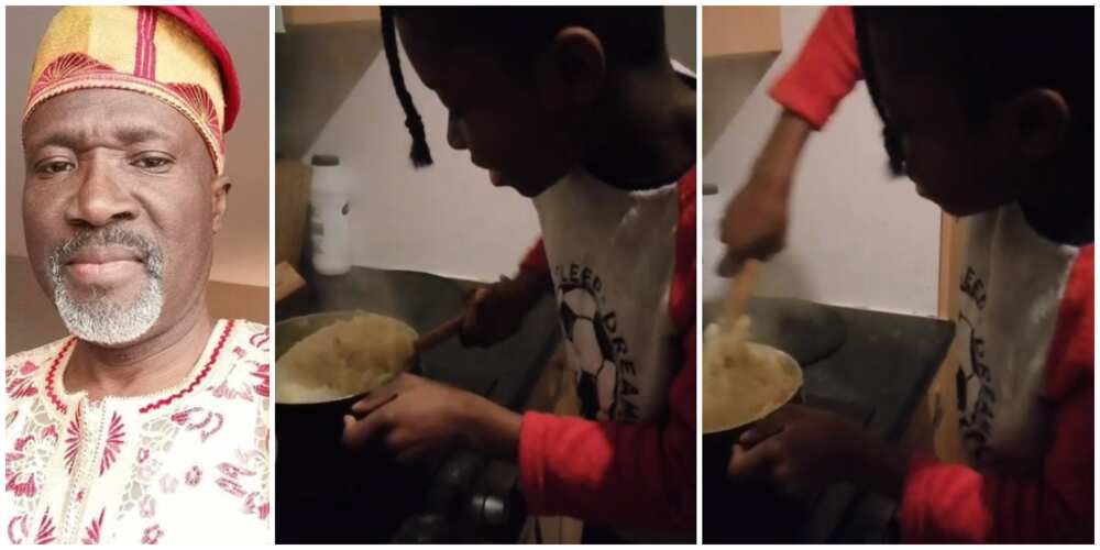 Abroad-based actor Deji Adenuga shares video of son making semo