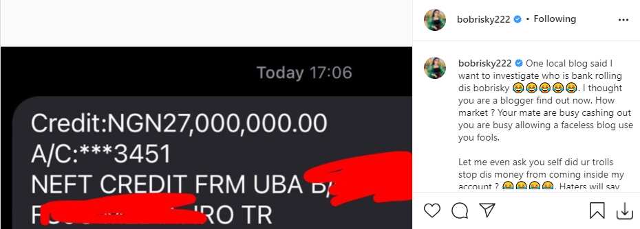 Bobrisky flaunts N27m alert.