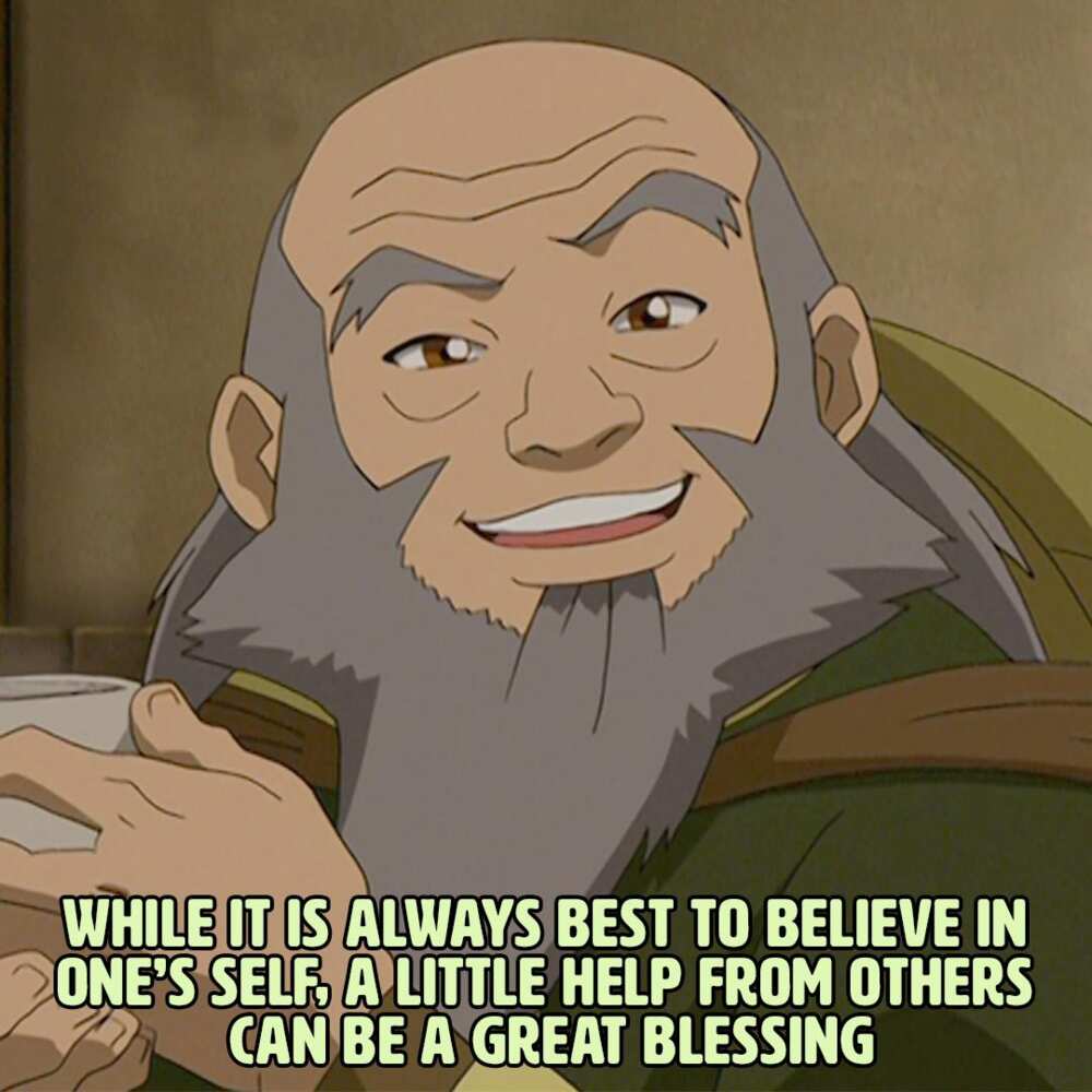 You sound like my nephew, always thinking you need to do things on your own  without anyone's support. There's nothing wrong with letting people who  love you help you. Uncle Iroh 