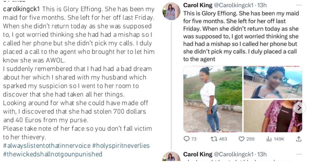 Photos of Carol King's post accusing her maid of robbing her