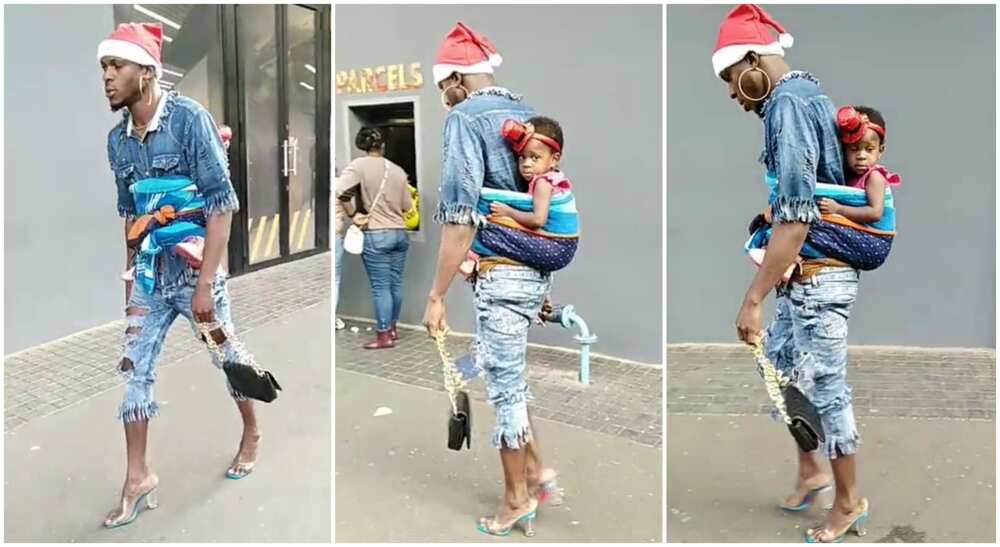 Photos of a man with baby on his back.