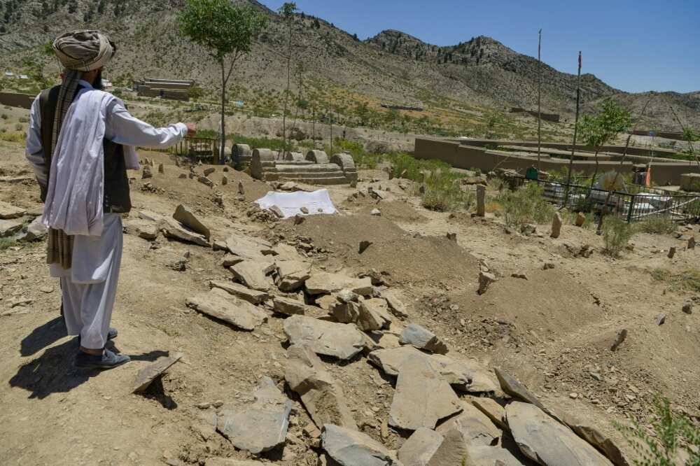 A villager looks over freshly dug graves containing victims of the deadly Afghan earthquake in Gayan district A villager looks over freshly dug graves containing victims of the deadly Afghan earthquake in Gayan district