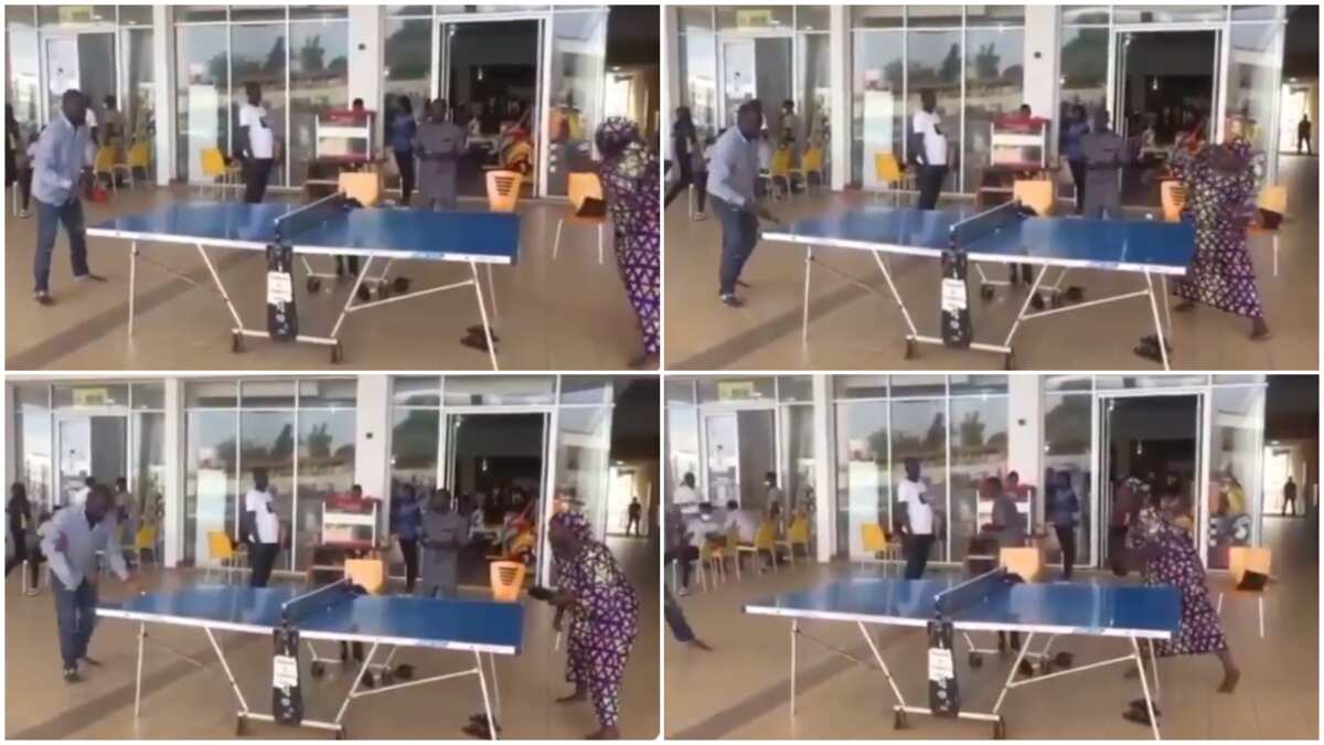 Barefooted woman in ankara 'teaches' man serious lesson during table tennis game, video sparks reactions
