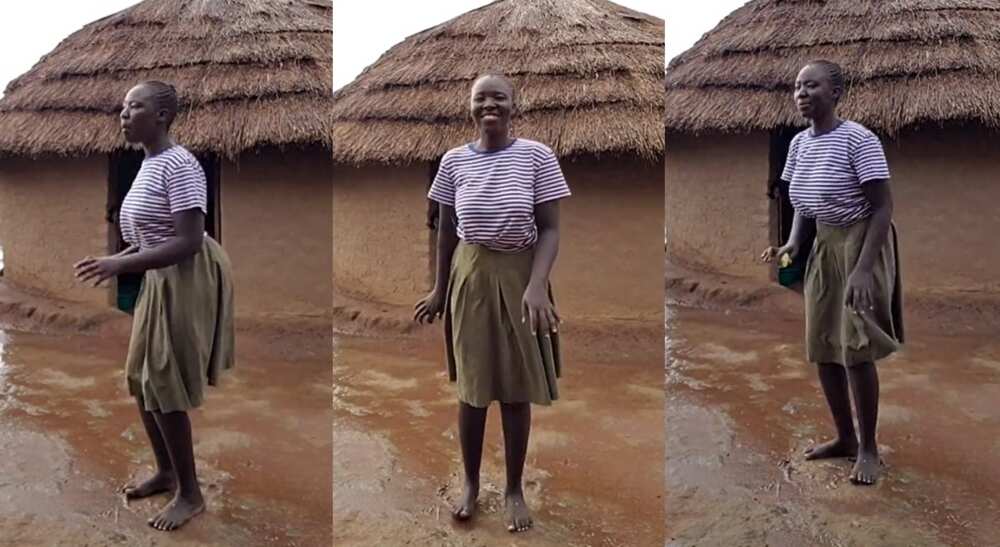 Photos of a lady dancing outside after rainfall.
