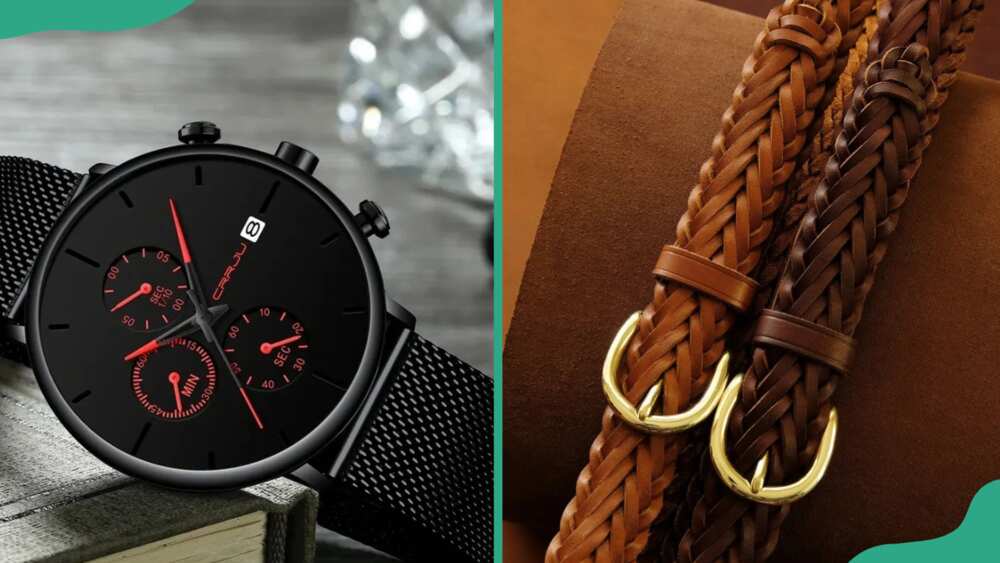 A black casual watch (L). Two woven leather belts (R).