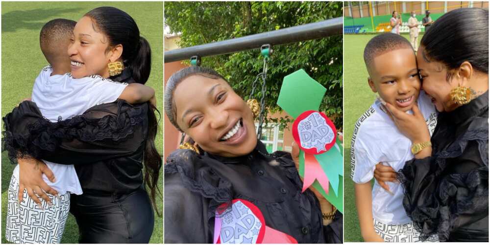 Tonto Dikeh happily celebrates with her son in his school. Tonto Dikeh happily celebrates with her son in his school.