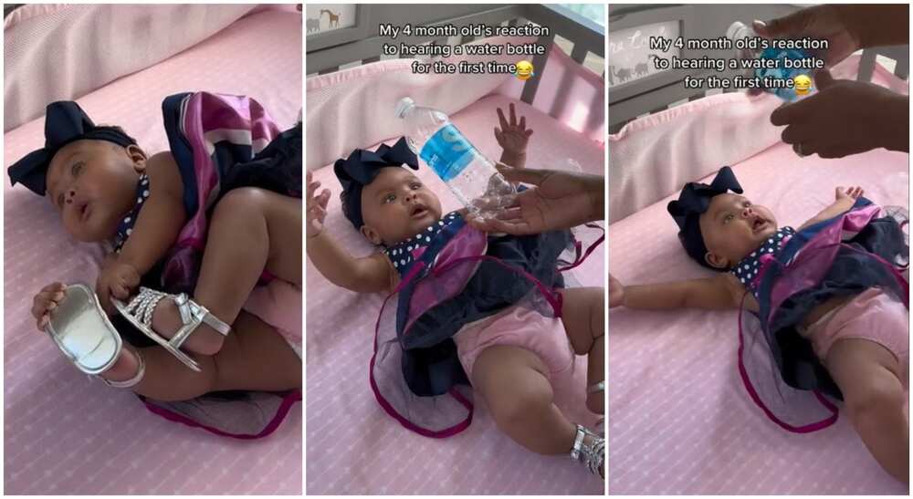 Photos of a baby girl lying on pink bed.