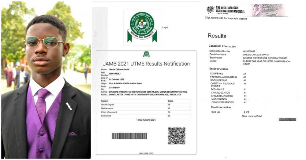 Brilliant 16-year-old boy who scored 9 A's in WAEC exams and 301 in JAMB says he wants to be an accountant