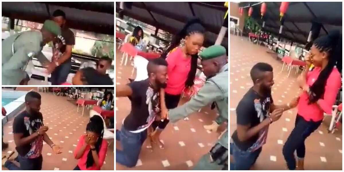 Lady goes on knees to beg police officer who arrested her boyfriend, turns out it was a proposal set-up