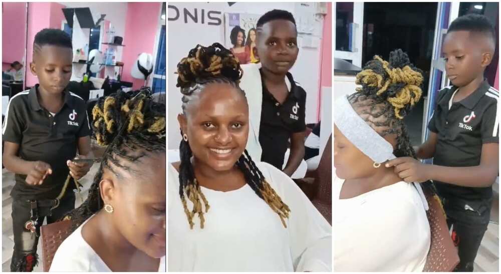 Photos of a black boy making fine hair for a black lady.