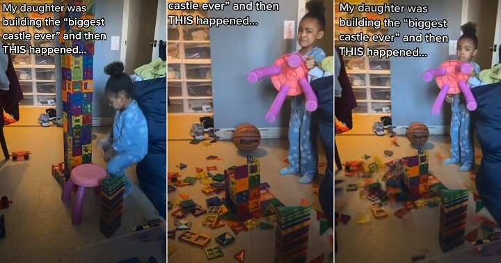 Little girl tears up as toy castle collapses