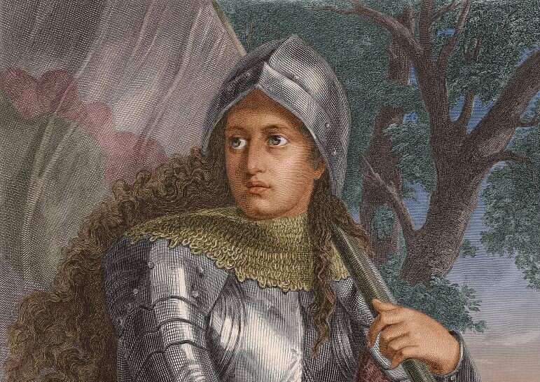 A portrait of Joan of Arc carrying a sword and a flag on the battlefield