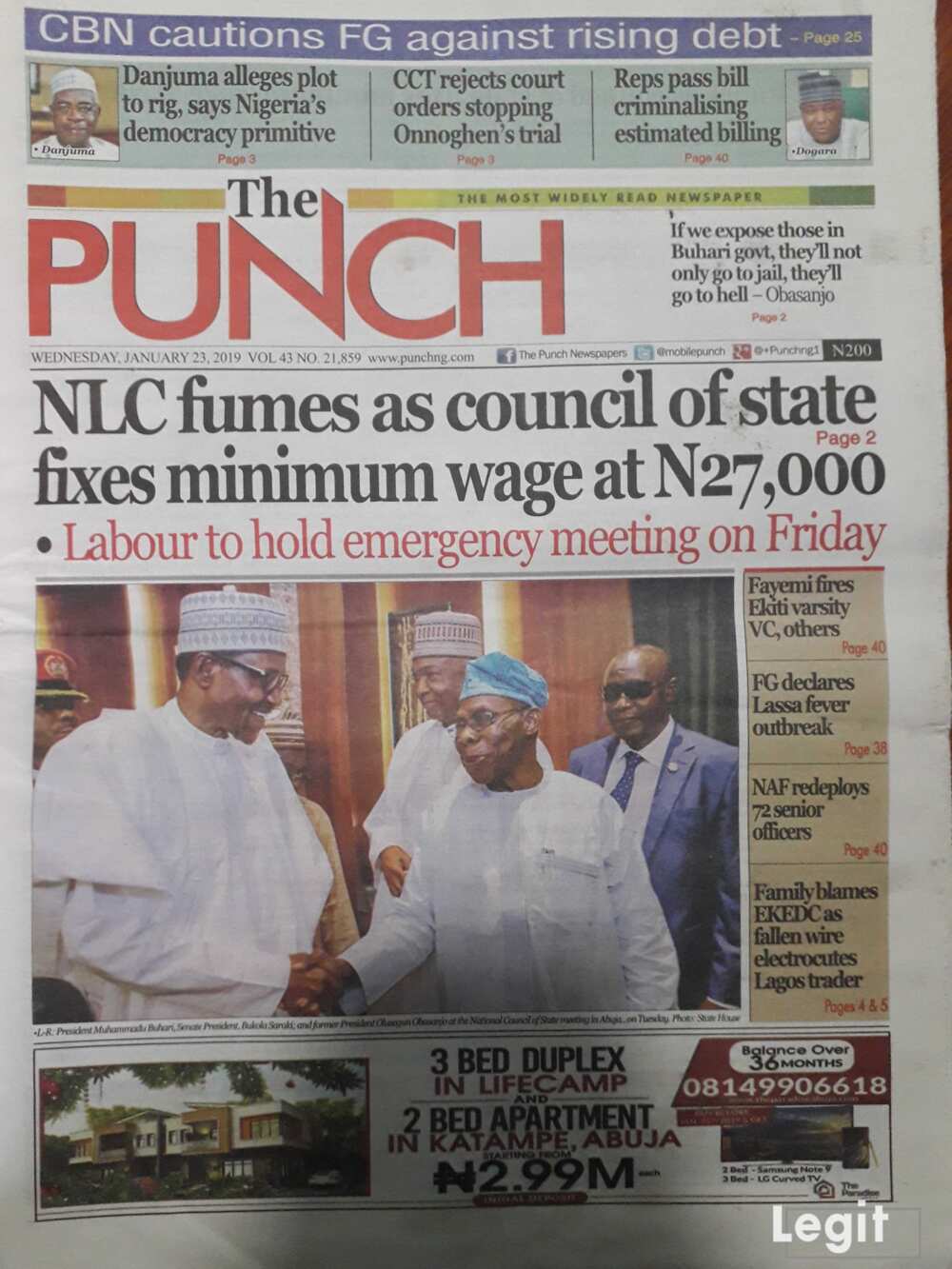 Nigerian Newspaper The Punch for Wednesday, January 23