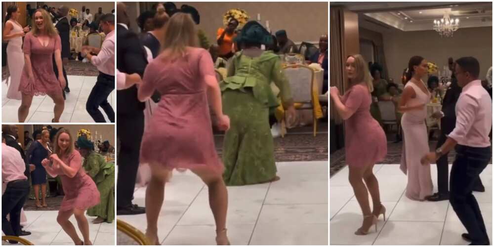 Oyinbo lady on heels and short gown wows wedding guests as she twerks in viral video