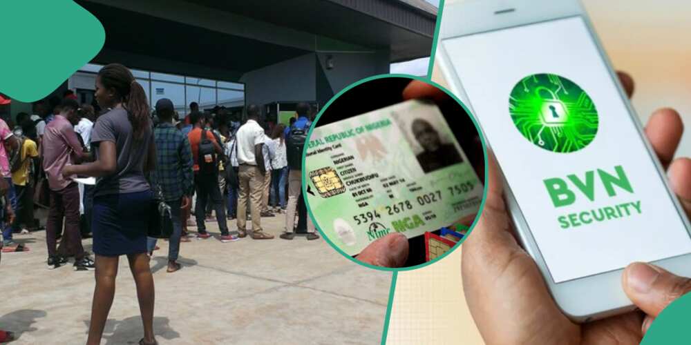 Nigerians queue at a bank