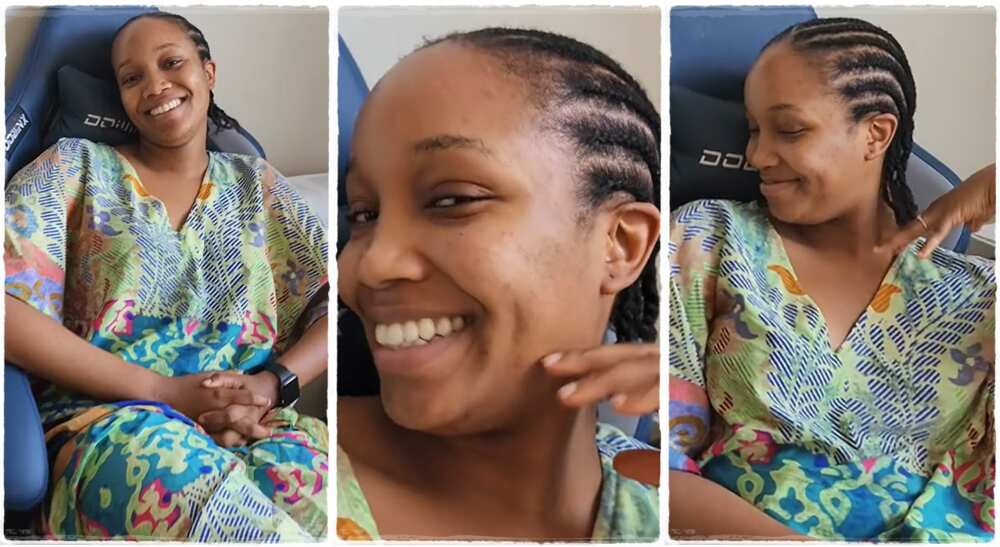 Husband praises his wife for braiding her hair all-back. Husband praises his wife for braiding her hair all-back.