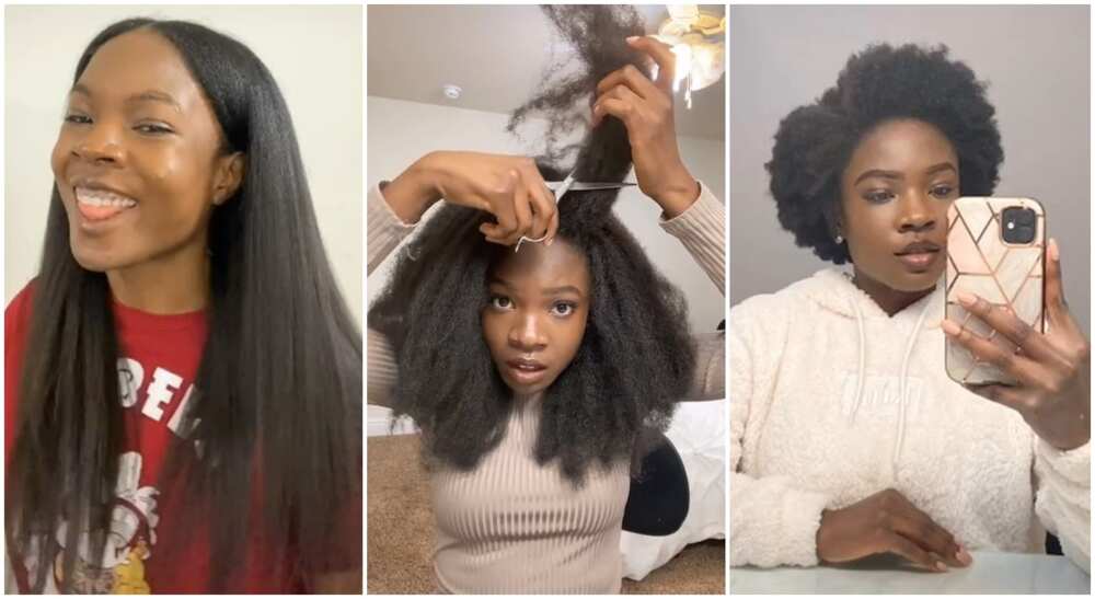 Black lady with long hair, Seun Okimi rips hair with scissors.
