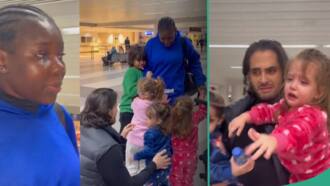 "Even the father is crying": Oyinbo kids and their dad shed tears at airport as their nanny leaves