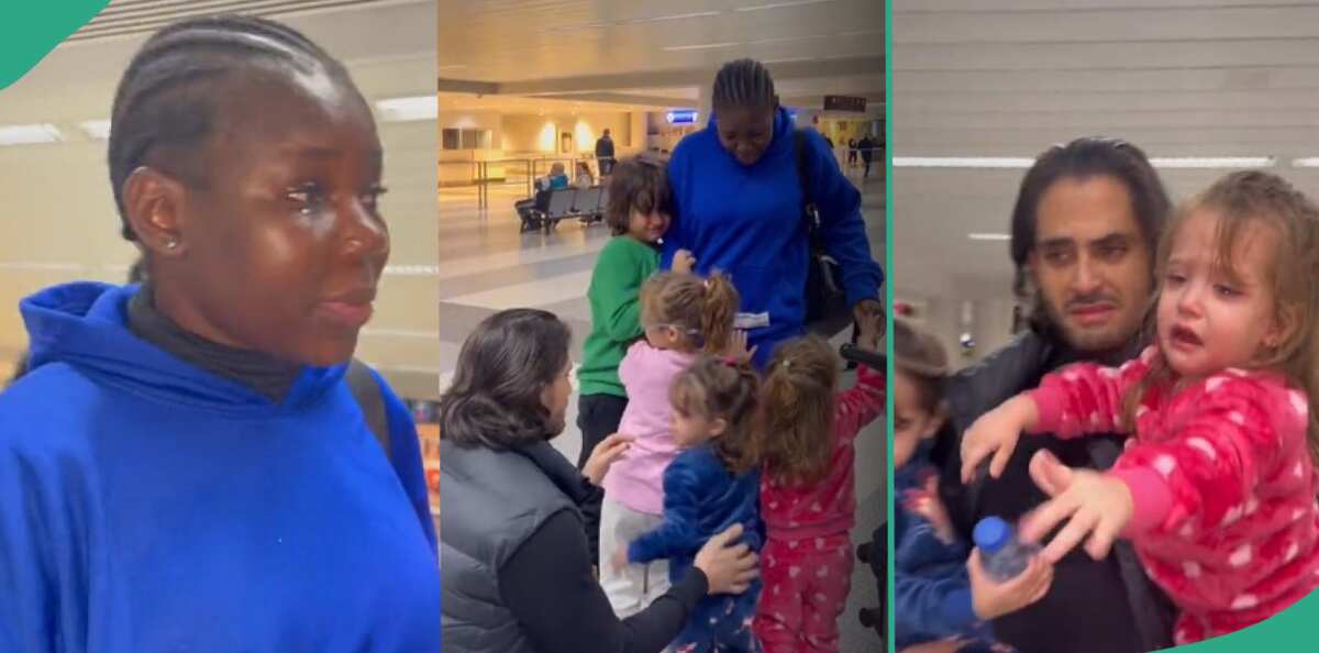 Emotional video shows oyinbo man and his kids weeping at airport as their nanny leaves