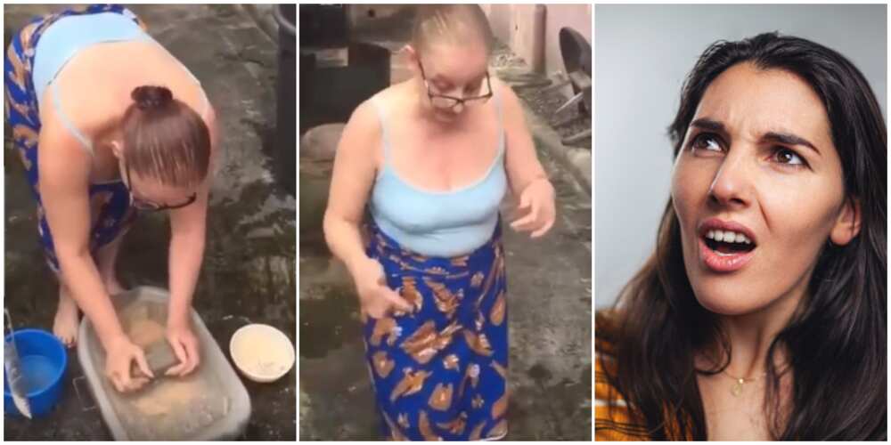 Nigerians react to video of pretty Oyinbo lady using local grinding stone like a pro and speaking pidgin
