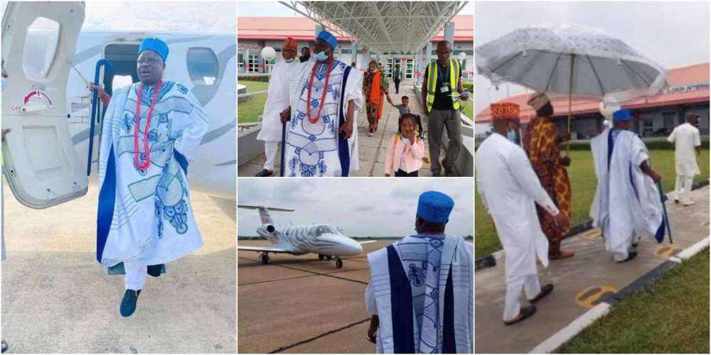 Nigerians react as top Yoruba monarch alight from private jet in lovely fashion, photos go viral