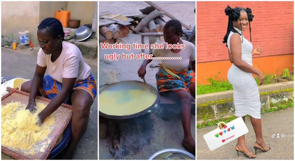 Photos of pretty Nigerian girl frying garri for her mother.