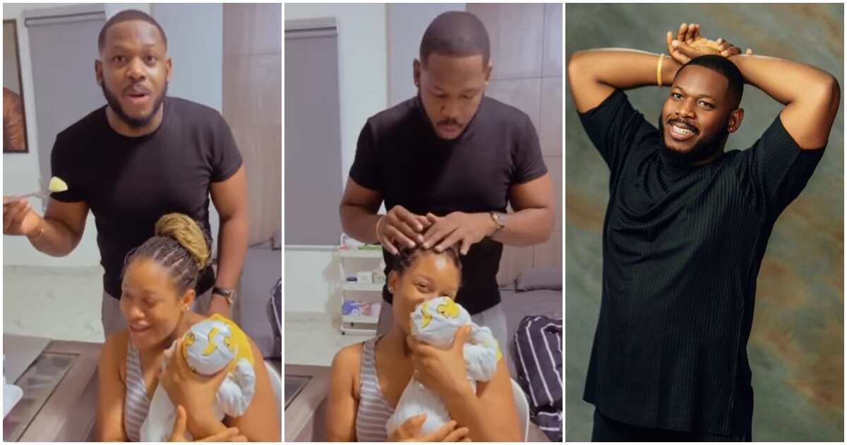 See how BBNaija Frodd spends his morning with his beautiful wife and newborn baby (video)