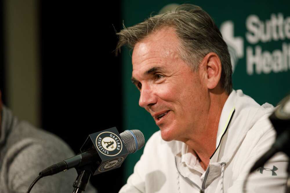 Billy Beane speaking during a press conference