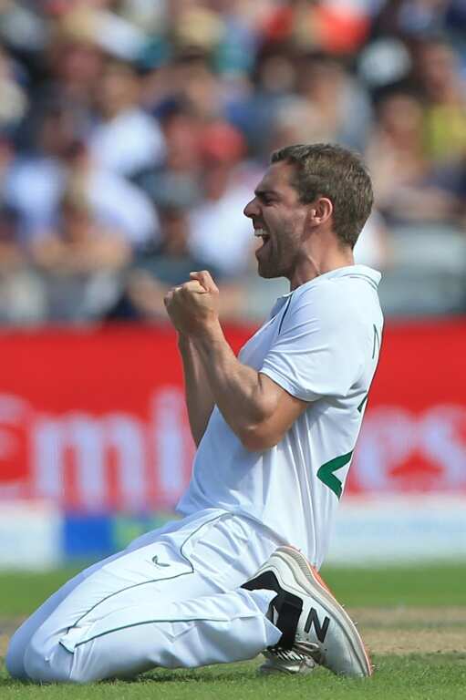 Key wicket - South Africa's Anrich Nortje celebrates his dismissal of England's Jonny Bairstow in the second Test at Old Trafford
