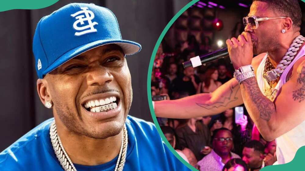 Nelly wearing a silver necklace, blue T-shirt, and cap (L). The rapper performing on stage (R)