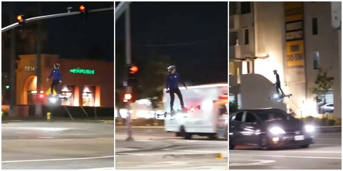 Man transports self on busy road using flying hoverboard, video goes viral as Nigerians react