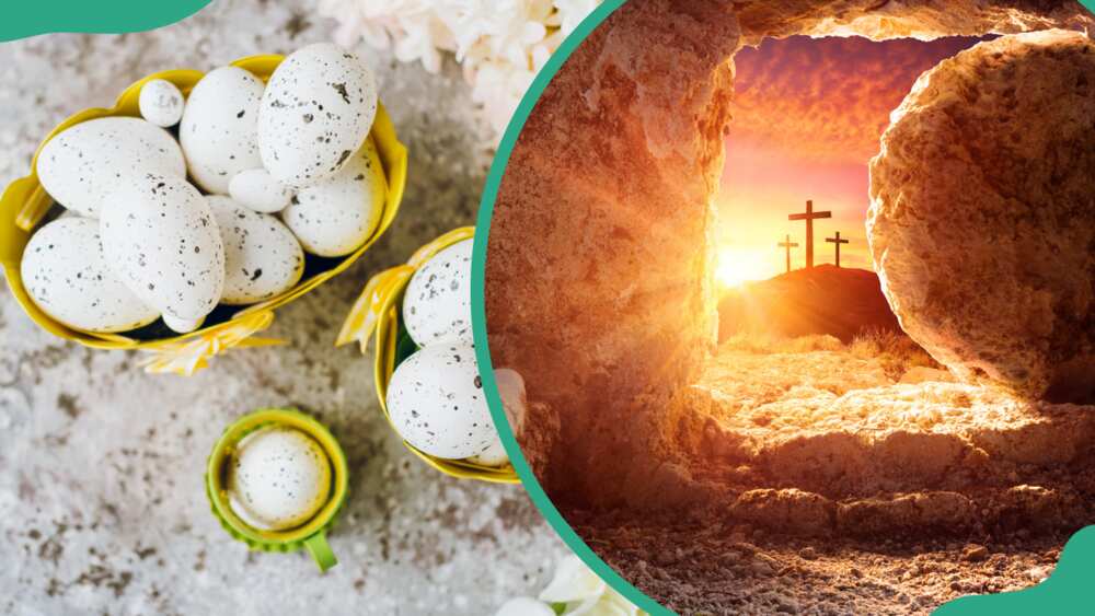 Flat lay quail eggs in yellow buckets (L) and Empty tomb of Jesus at sunrise with crosses in background (R)
