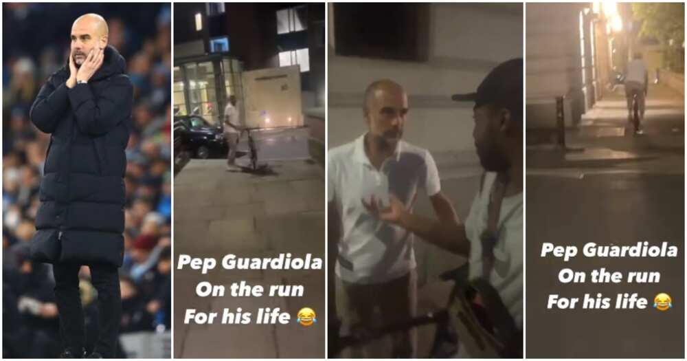 Pep Guardiola video, man pursues Pep Guardiola, bicycle chase at night, selfie