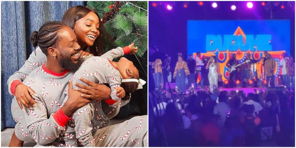 Awe-inspiring moment Adekunle Gold kissed wife Simi while performing at her concert.