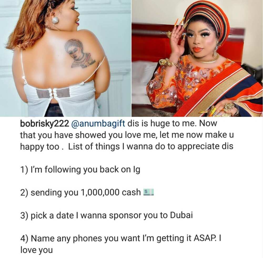 Fans go crazy over Bobrisky’s response to lady who drew a tattoo of him at her back