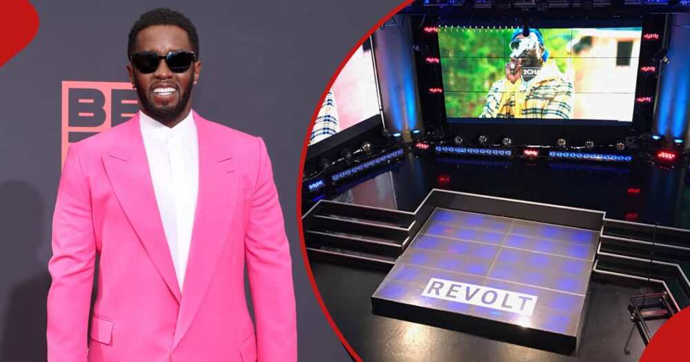 Rappers Sean 'Diddy' Combs smiles in the left frame and the right frame shows the Revolt TV studio.