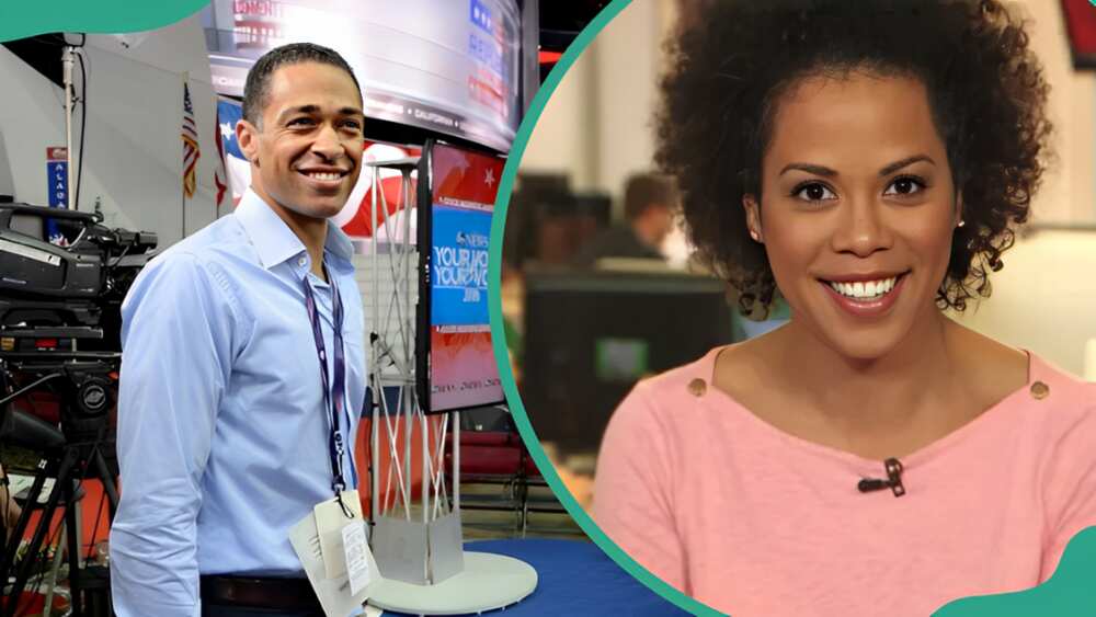 Amy Ferson's ex-husband, T.J Holmes in a light blue shirt during the 2016 Republican National Convention coverage (L). Amy Ferson posing in a pink blouse (R)
