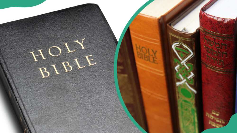 A black Holy Bible on a white surface (L). A collection of Bibles on a bookshelf (R)