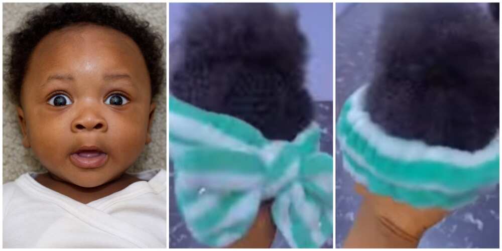 Photos of a stock baby model and screenshots of the wigs.