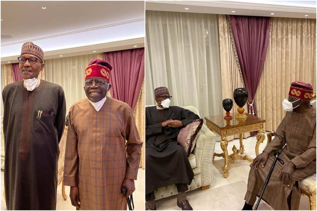 Photos emerge as Buhari pays surprise visit to Tinubu in London