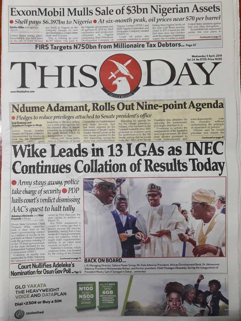 Nigerian newspaper This Day of Wednesday, April 3