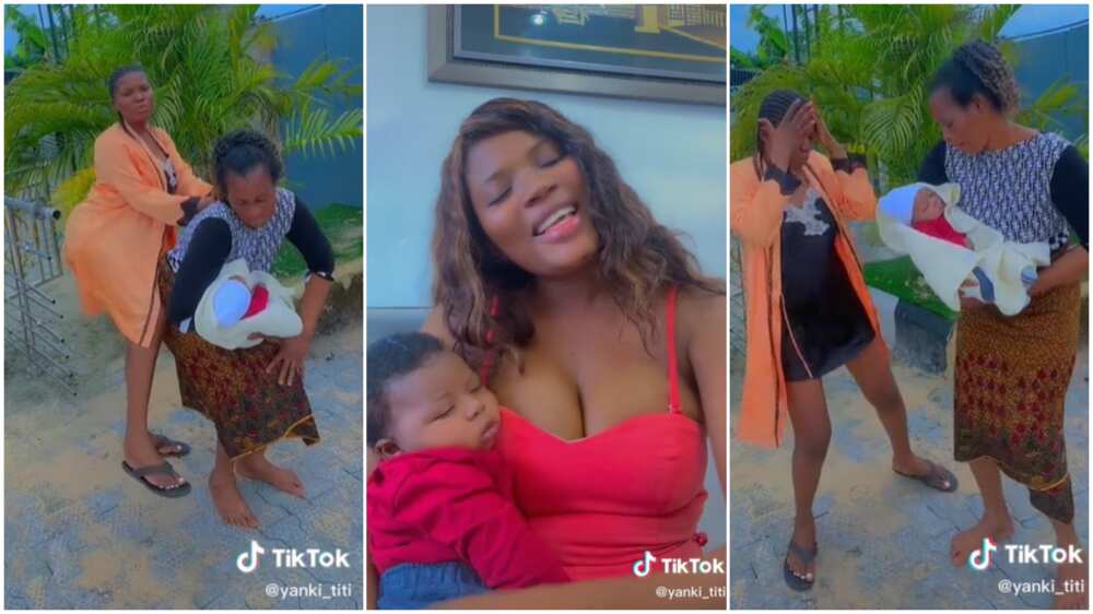 New mother and her baby/lady described her mother-in-law as nice. New mother and her baby/lady described her mother-in-law as nice.