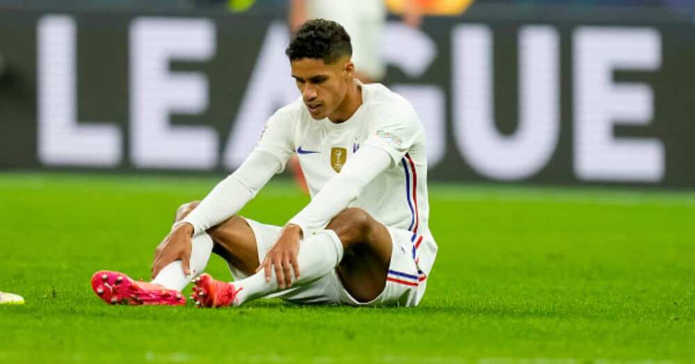 Raphael Varane of France on the ground during the UEFA Nations League Final match between the Spain and France at San Siro Stadium on October 10, 2021 in Milan, Italy. (Photo by Alex Gottschalk)