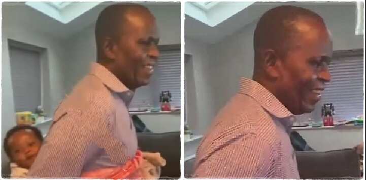 Nigerian Man Goes For Omugwo, Backs Grandson in Funny Video, Daughter Hails  His Skills 