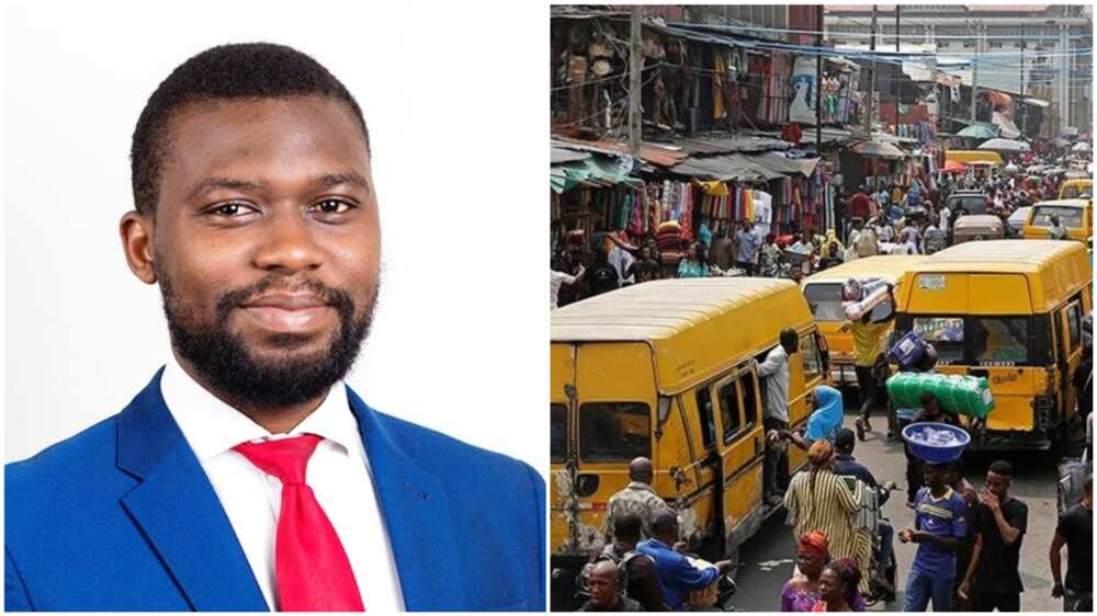 A collage of Emmanuel and a busy market in Lagos. Photos sources: LinkedIn/Emmanuel Mogaji/Aljazeera