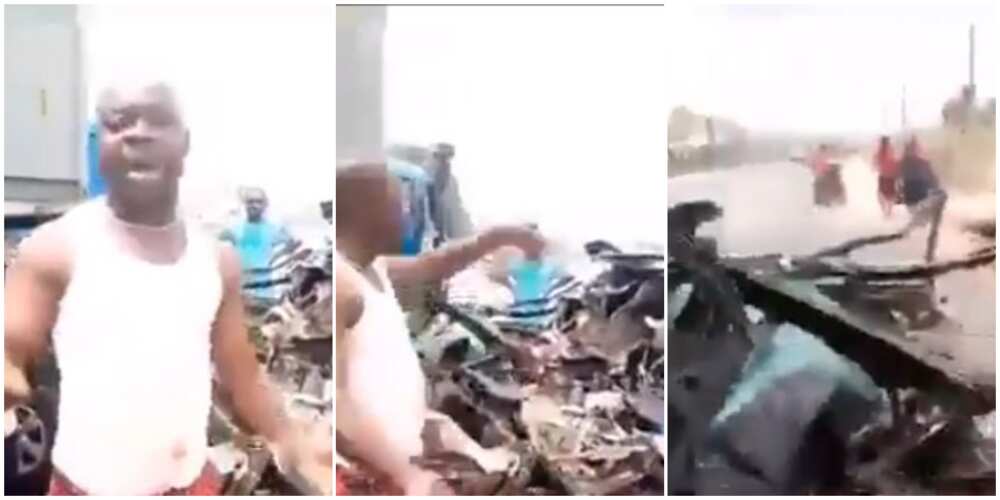 Nigerian Man Escapes Death as Trailer Completely Crushes His Car, Video of His Vehicle Sparks Huge Reactions