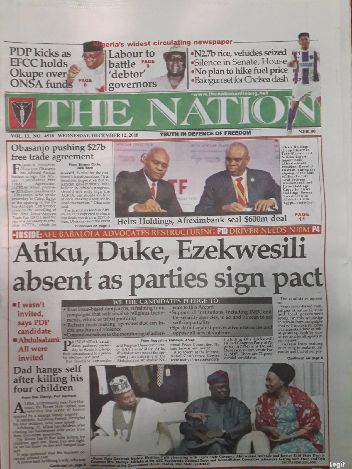 The Nation newspaper review of Wednesday, December 12. Credit: Legit.ng snapshot.