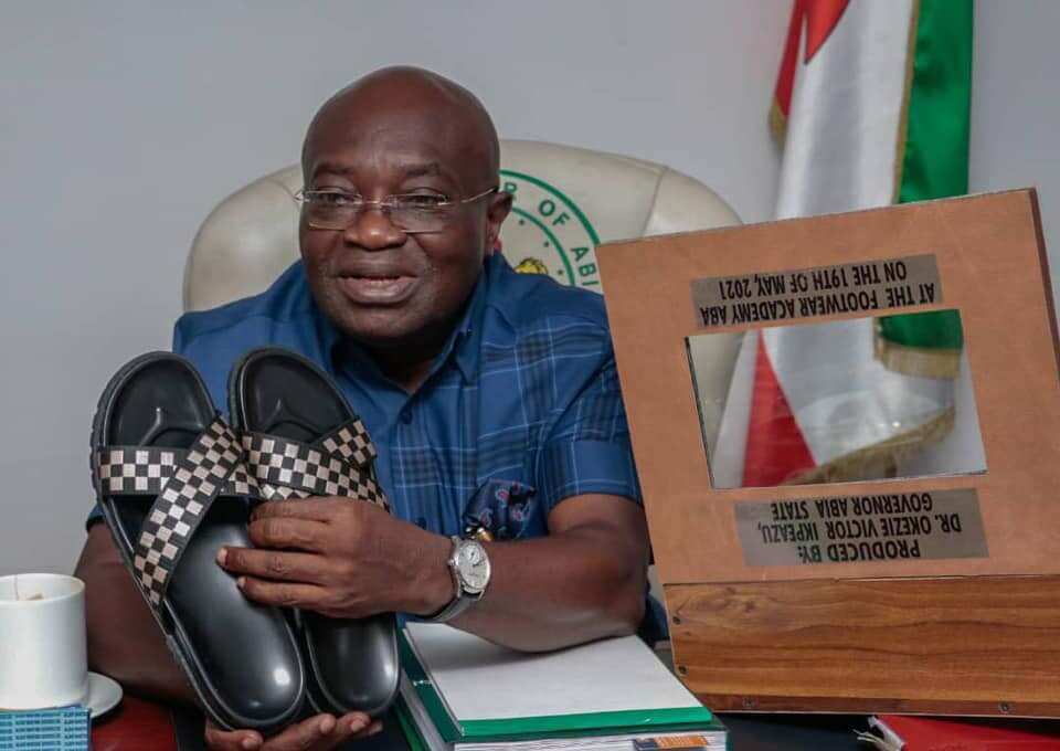 Governor Ikpeazu Turns Shoemaker, Displays Sandals He Made